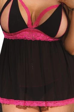 Shirley Of Hollywood Black & Pink Split Cup Mesh Babydoll & Panty Lingerie
