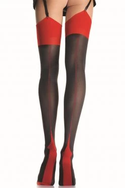 Leg Avenue Black Opaque Thigh High Stockings & Red Cuban Heel Hosiery