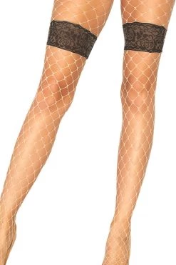 Leg Avenue Nude Diamond Net Tights With Faux Lace Tops Fishnet