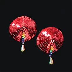 Entrenue Bijoux De Nip Round Red Sequin Pasties W/ Rainbow Beads Dancewear