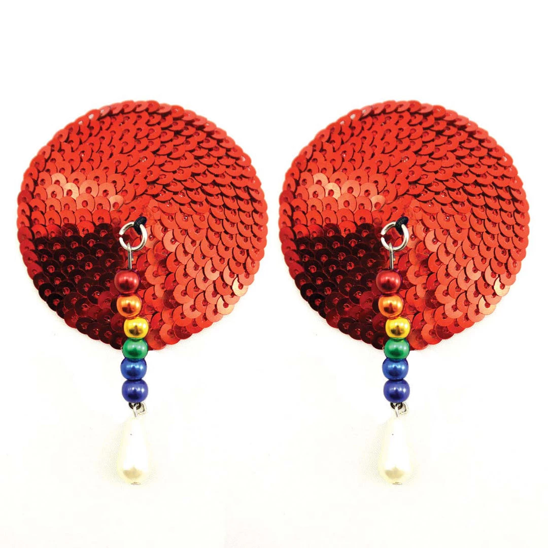 Entrenue Bijoux De Nip Round Red Sequin Pasties W/ Rainbow Beads Dancewear 3 Entrenue Bijoux De Nip Round Red Sequin Pasties W/ Rainbow Beads Dancewear