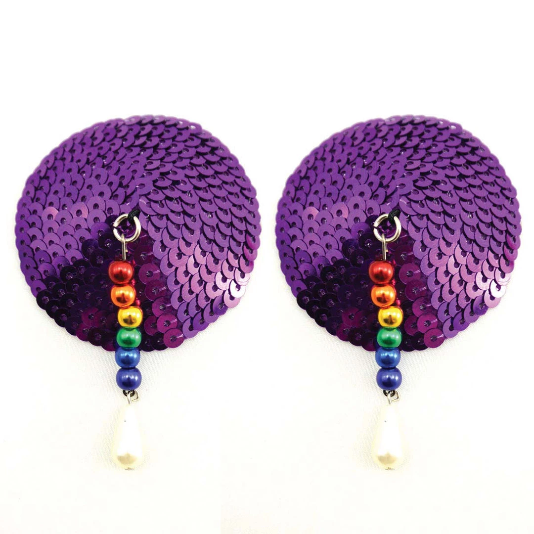 Entrenue Dancewear Bijoux De Nip Round Purple Sequin Pasties W/ Rainbow Beads 3 Entrenue Dancewear Bijoux De Nip Round Purple Sequin Pasties W/ Rainbow Beads