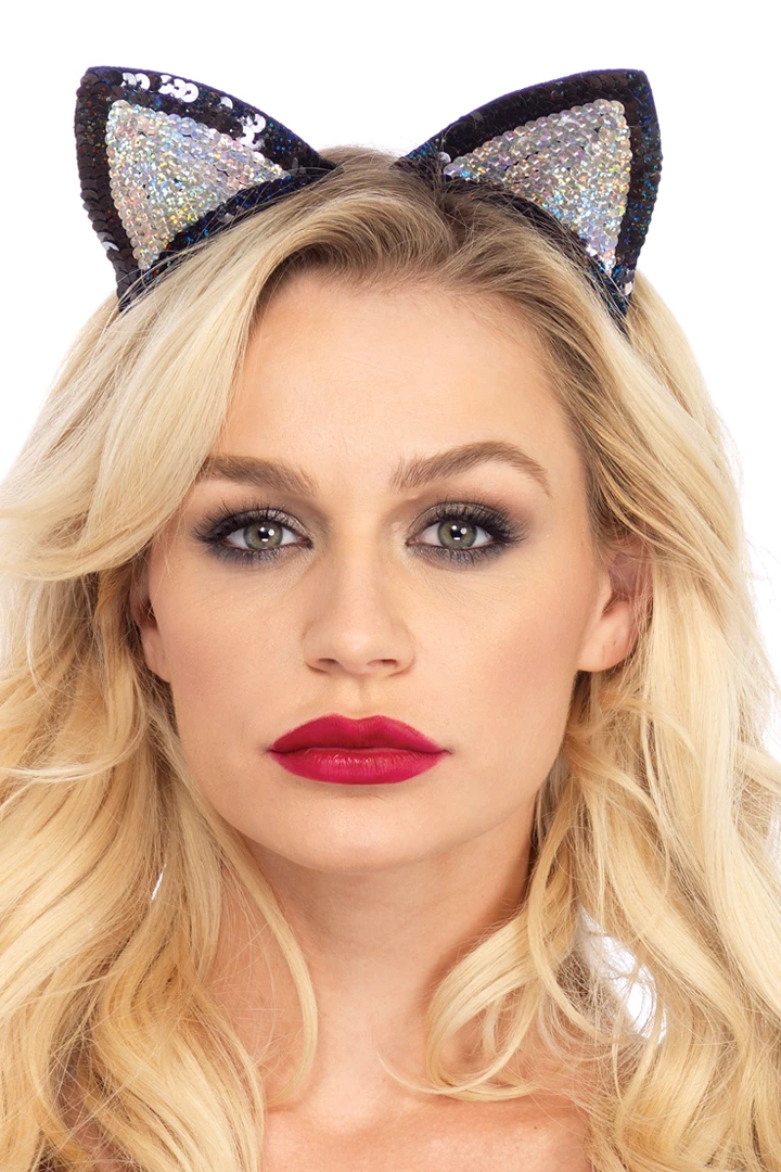 Leg Avenue Silver & Black Sequin Cat Ears Costume Accessory 3 Leg Avenue Silver & Black Sequin Cat Ears Costume Accessory