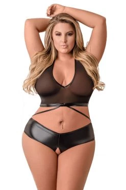 Magic Silk Jade Mesh Halter Top & Crotchless Panty BDSM Lingerie