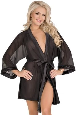 Magic Silk Skye Black Mesh & Satin Kimono Robe Lingerie