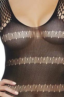 Popsi Black Striped Fishnet Bodystocking Dress Bodystocking Lingerie