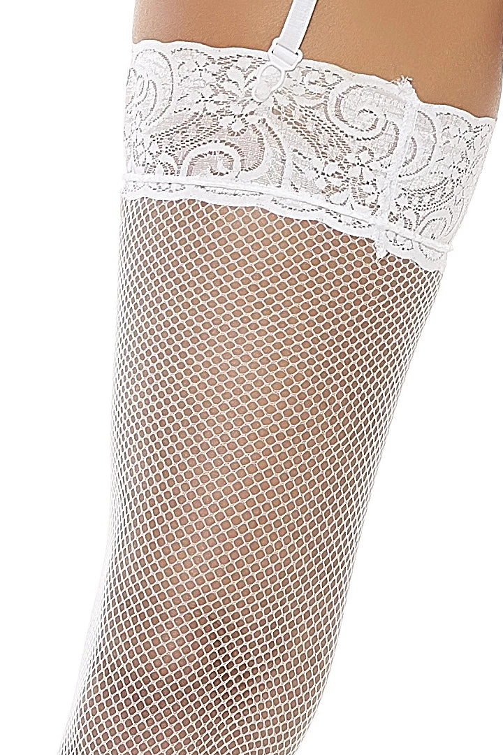 Popsi White Wide Lace Garter Belt & Fishnet Thigh Highs Lingerie 6 Popsi White Wide Lace Garter Belt & Fishnet Thigh Highs Lingerie