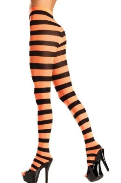 Be Wicked Black & Orange Wide Striped Pantyhose Hosiery