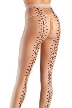 Be Wicked Black Cuban Heel Pantyhose With Tattoo Corset Backseams