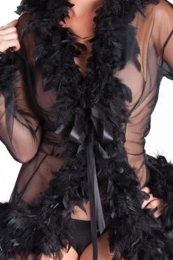 Be Wicked Lingerie Glamorous Black Sheer Feather Robe