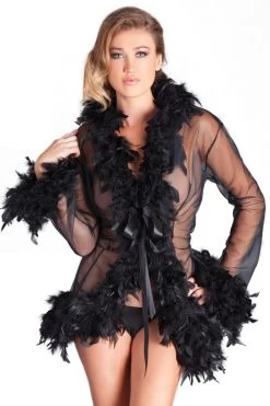 Be Wicked Lingerie Glamorous Black Sheer Feather Robe