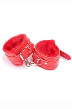 OY Brands Red Faux Leather Furry Wrist Cuffs Valentines Day Lingerie