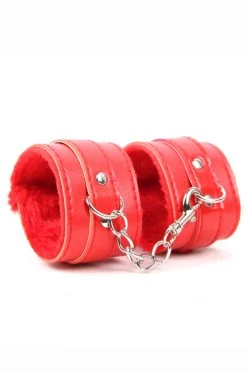 OY Brands Red Faux Leather Furry Wrist Cuffs Valentines Day Lingerie