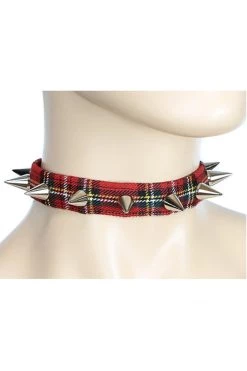 Funk Plus 3/4" Red Plaid Choker With Small Cone Spikes