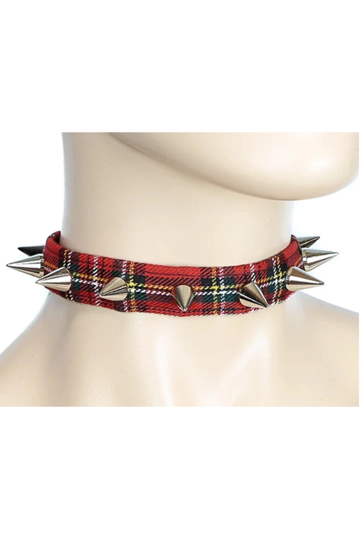 Funk Plus 3/4" Red Plaid Choker With Small Cone Spikes 4 Funk Plus 3/4" Red Plaid Choker With Small Cone Spikes