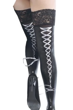 Coquette Lace Up Ribbon Wet Look Thigh High Stockings