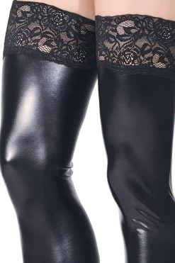 Coquette BDSM Lingerie Toeless Faux Leather Thigh Highs With Lace Tops