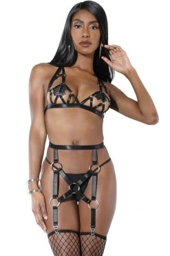 Coquette BDSM Lingerie Restrained Urges Harness Bra & Garter Set