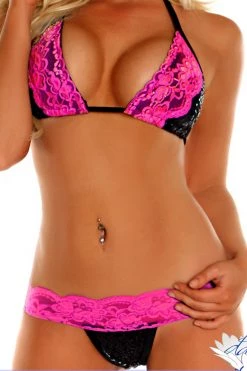Daisy Corsets Black Sequin Scrunch Bikini With Fuchsia Lace*