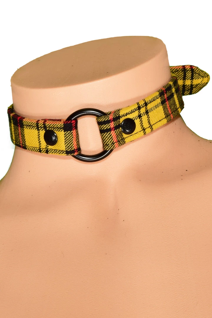Funk Plus BDSM Collars Yellow Plaid O Ring Choker 3 Funk Plus BDSM Collars Yellow Plaid O Ring Choker