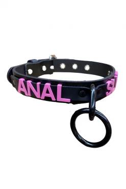 Funk Plus BDSM Collars 1 1/4" Leather 'ANAL SLUT' Pink Name Choker