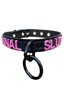 Funk Plus BDSM Collars 1 1/4" Leather 'ANAL SLUT' Pink Name Choker