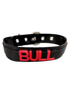 Funk Plus BDSM Collars Black Vinyl 'BULL' Red Steel Name Choker