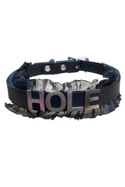 Funk Plus 3/4" Leather Collar 'HOLE' Name Choker With Lace BDSM Collars