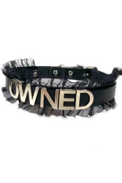 Funk Plus BDSM Collars 3/4" Leather Collar 'OWNED' Name Choker With Lace