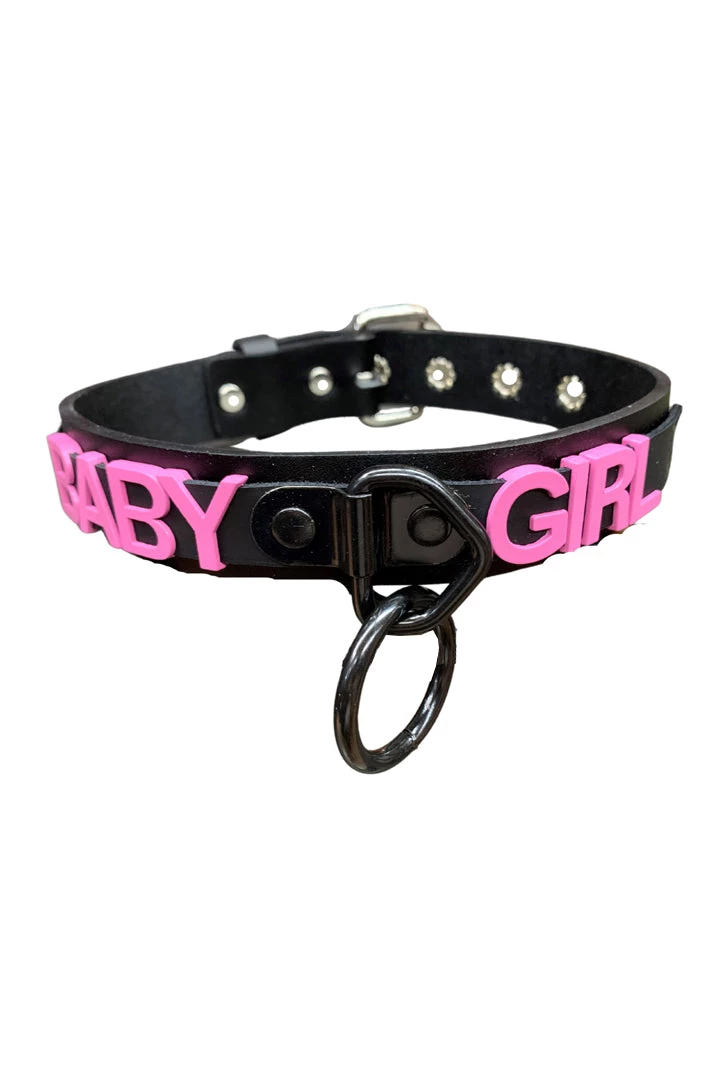 Funk Plus 1 1/4" Leather 'BABY GIRL' Pink Name Choker 3 Funk Plus 1 1/4" Leather 'BABY GIRL' Pink Name Choker