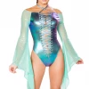 J Valentine Aqua Hologram Lace-Up Gypsy Bodysuit Bodysuit Lingerie