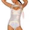 J Valentine Silver Hologram Pyramid Keyhole Bodysuit Lingerie