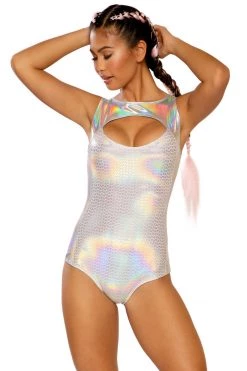 J Valentine Silver Hologram Pyramid Keyhole Bodysuit Lingerie