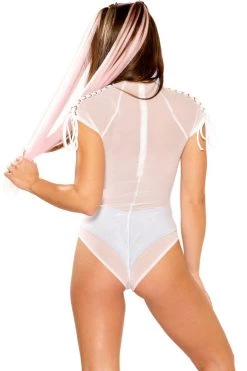 J Valentine White Mesh Silver Eyelet Lace-Up Shoulder Bodysuit
