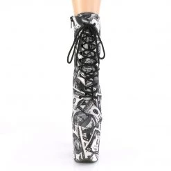 Pleaser Shoes 8" Heel, White-Black Fabric Platform Lace-Up Front Ankle Boot, Side Zip