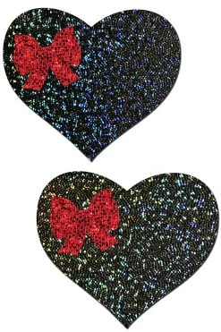 Pastease Accessories Black Glitter Red Bow Heart Nipple Pasties