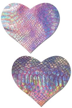 Pastease Silver Holographic Snake Print Heart Nipple Pasties