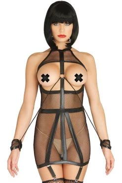 Leg Avenue Wet Look Open Cup Bondage Dress With Wrist Restraints BDSM Lingerie