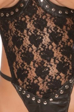 Elegant Moments BDSM Lingerie Leather Cupless Teddy With Lace Detail