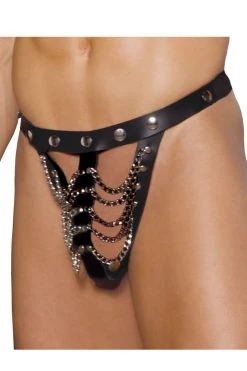 Elegant Moments Men's Leather Pouch With Chains Men's Lingerie