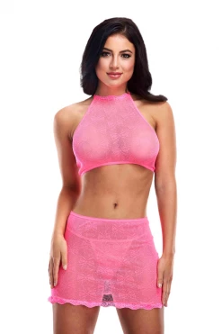 XGEN Pink Jacquard Crop Top & Skirt Set Bodystocking Lingerie