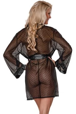 Magic Silk Chyna Black Dotted Mesh Kimono Robe Lingerie