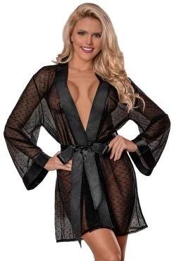 Magic Silk Chyna Black Dotted Mesh Kimono Robe Lingerie