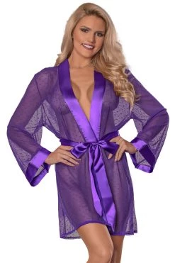 Magic Silk Chyna Purple Dotted Mesh Kimono Robe
