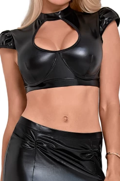 Magic Silk Liquid Onyx Keyhole Crop Top & Garter Skirt BDSM Lingerie