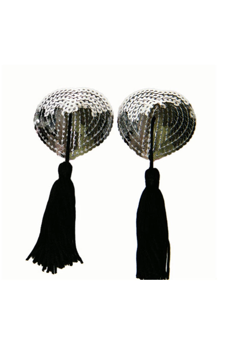 OY Brands Silver Sequin Heart-Shaped Tassel Nipple Pasties 3 OY Brands Silver Sequin Heart-Shaped Tassel Nipple Pasties