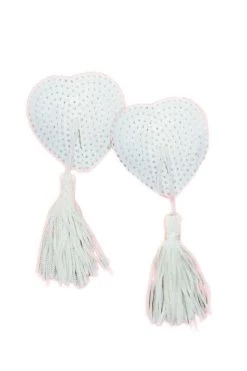 OY Brands Valentines Day Lingerie White Sequin Heart Shaped Tassel Nipple Pasties