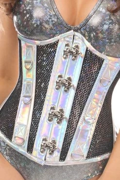 Daisy Corsets Silver Hologram PVC & Fishnet Steel Boned Under Bust Corset* Lingerie