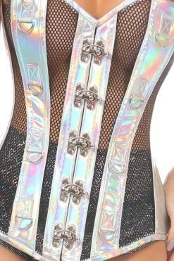Daisy Corsets Silver Hologram PVC & Fishnet Steel Boned Corset* 8 Daisy Corsets Silver Hologram PVC & Fishnet Steel Boned Corset*