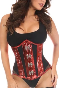 Daisy Corsets Red Metallic PVC & Fishnet Steel Boned Under Bust Corset* BDSM Lingerie
